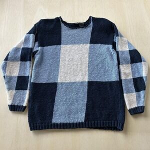 Vintage Lizwear Sweater Womens Large Blue Colorblock Check Crewneck Pullover